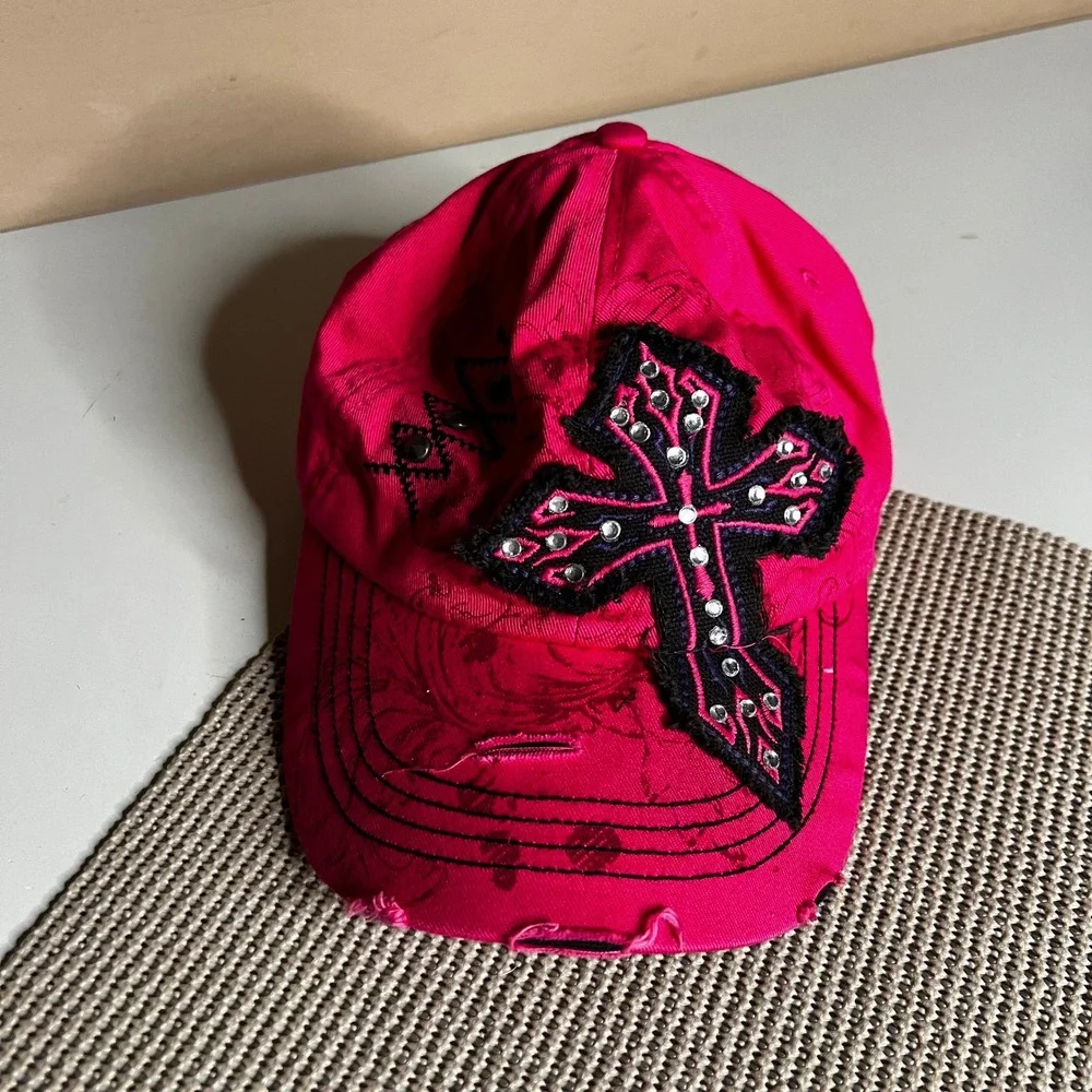 KBETHOS Hot Pink Gothic Rhinestone Cross Distressed Baseball Cap Hat Y2K Edgy